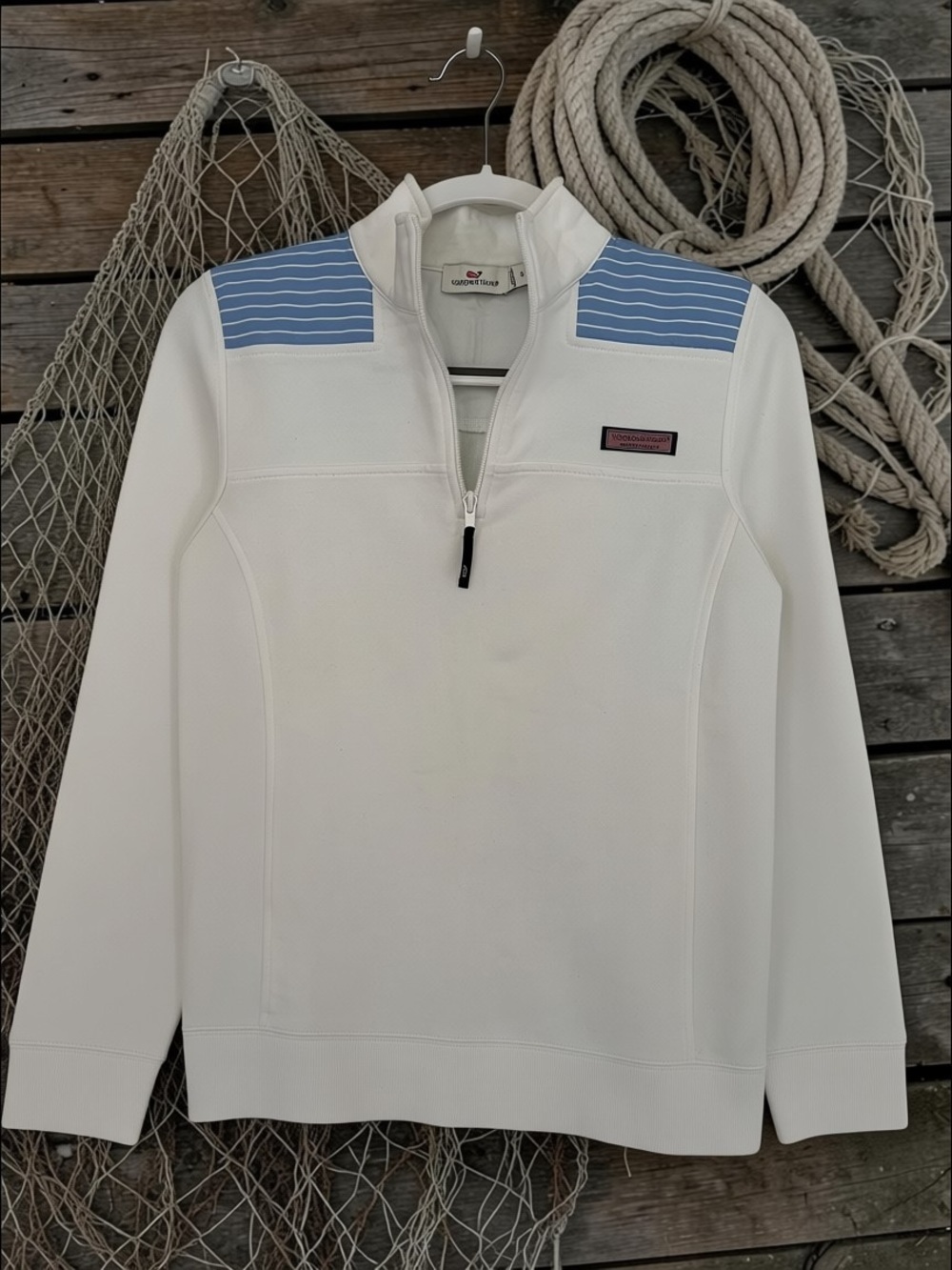 Vineyard Vines White Quarter-Zip Pullover with Light Blue Shoulder Stripes